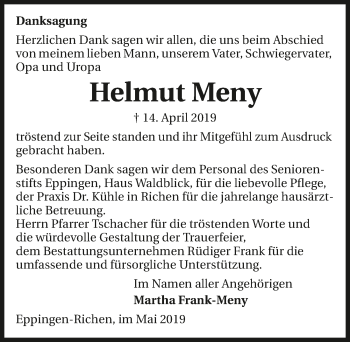 Traueranzeige von Helmut Meny 