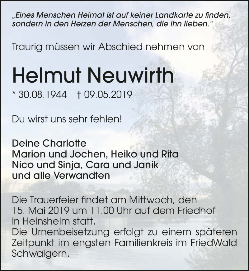  Traueranzeige für Helmut Neuwirth vom 11.05.2019 aus 