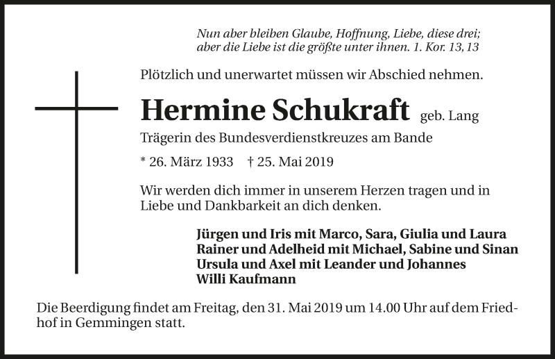  Traueranzeige für Hermine Schukraft vom 28.05.2019 aus 