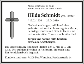 Traueranzeige von Hilde Schmidt 