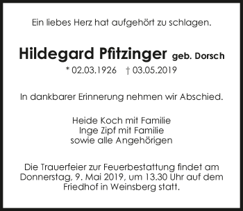 Traueranzeige von Hildegard Pfitzinger 