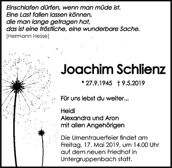 Traueranzeige von Joachim Schlienz 