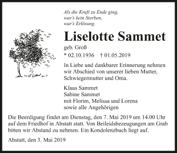 Traueranzeige von Lieselotte Sammet 