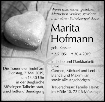 Traueranzeige von Marita Hofmann 