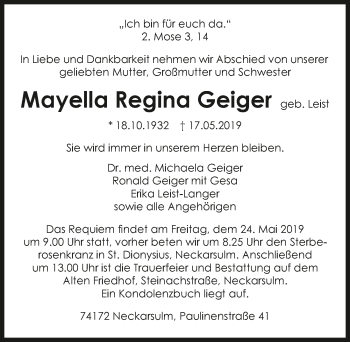 Traueranzeige von Mayella Regina Geiger 