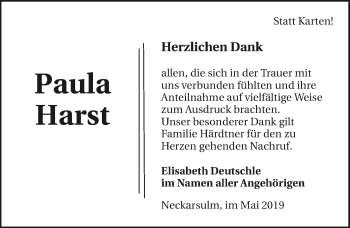 Traueranzeige von Paula Harst 