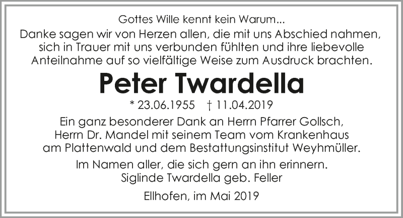  Traueranzeige für Peter Twardella vom 08.05.2019 aus 