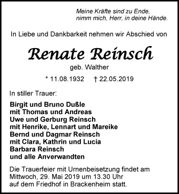 Traueranzeige von Renate Reinsch 