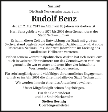 Traueranzeige von Rudolf Benz 