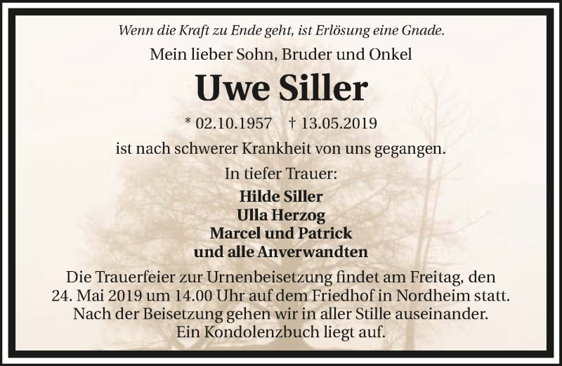  Traueranzeige für Uwe Siller vom 21.05.2019 aus 