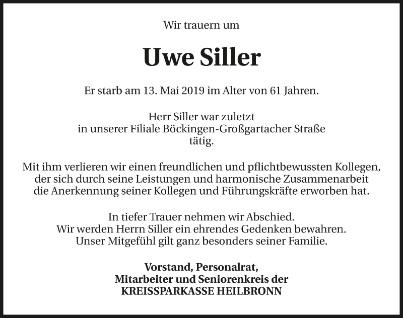  Traueranzeige für Uwe Siller vom 21.05.2019 aus 