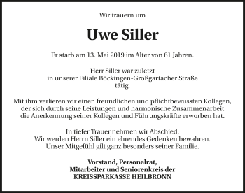 Traueranzeige von Uwe Siller 