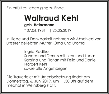 Traueranzeige von Waltraud Kehl 