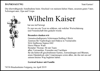 Traueranzeige von Wilhelm Kaiser 