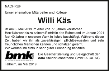 Traueranzeige von Willi Käs 