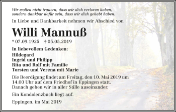 Traueranzeige von Willi Mannuß 