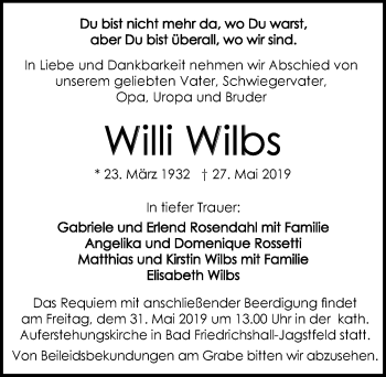 Traueranzeige von Willi Wilbs 