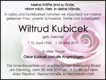 Traueranzeige von Wiltrud Kubicek 