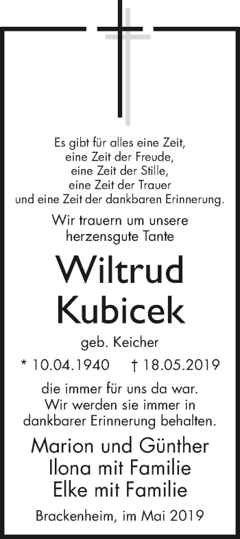 Traueranzeige von Wiltrud Kubicek 