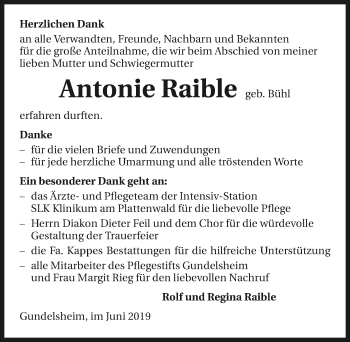 Traueranzeige von Antonie Raible 