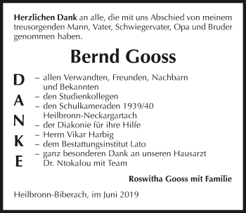 Traueranzeige von Bernd Gooss 