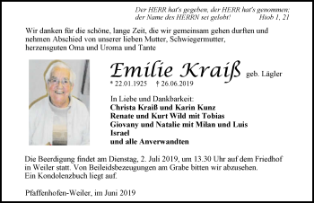 Traueranzeige von Emilie Kraiß 