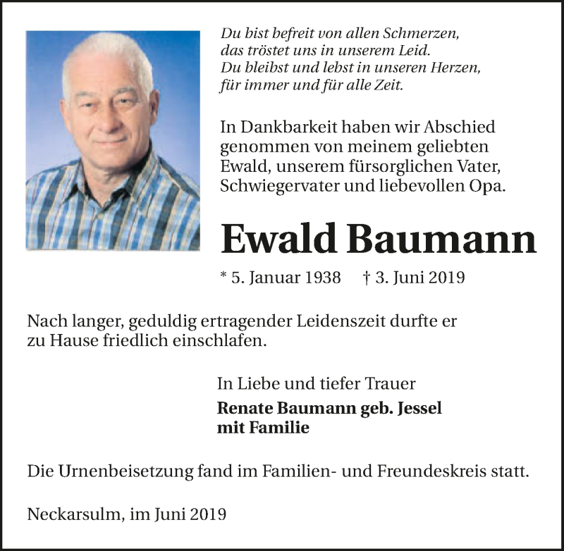  Traueranzeige für Ewald Baumann vom 15.06.2019 aus 