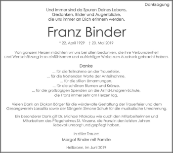 Traueranzeige von Franz Binder 