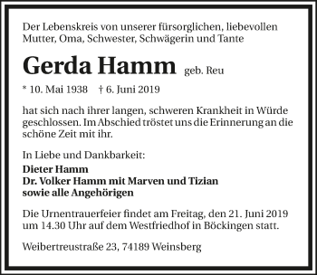 Traueranzeigen von Gerda Hamm | www.trauerundgedenken.de