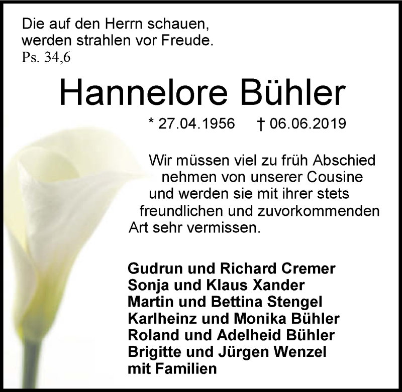  Traueranzeige für Hannelore Bühler vom 13.06.2019 aus 