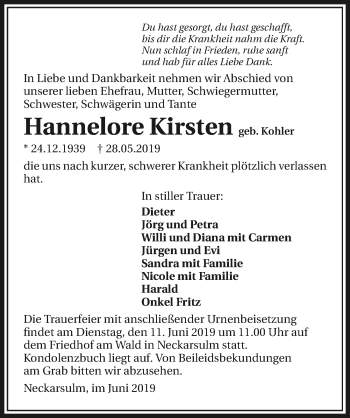 Traueranzeige von Hannelore Kirsten 