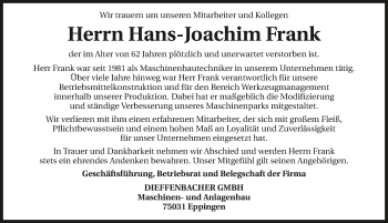 Traueranzeige von Hans-Joachim Frank 