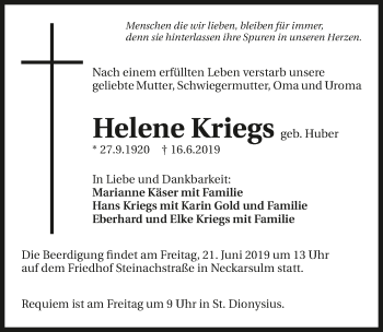 Traueranzeige von Helene Kriegs 