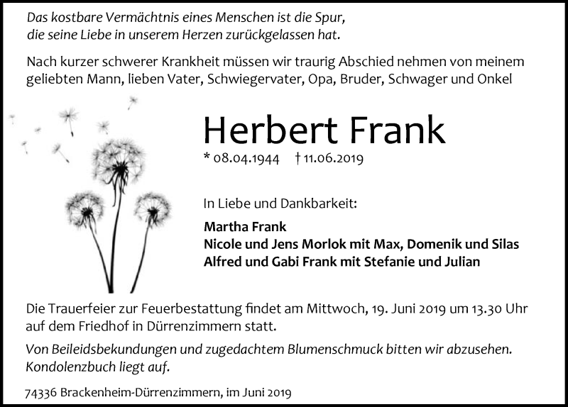  Traueranzeige für Herbert Frank vom 15.06.2019 aus 