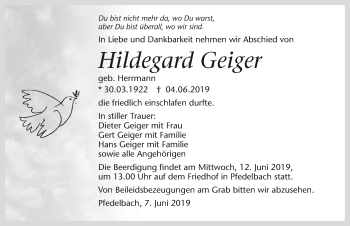 Traueranzeige von Hildegard Geiger 