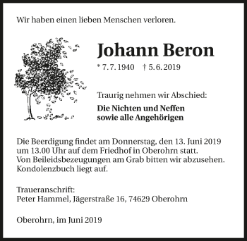 Traueranzeige von Johann Beron 