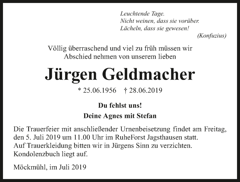  Traueranzeige für Jürgen Geldmacher vom 01.07.2019 aus 