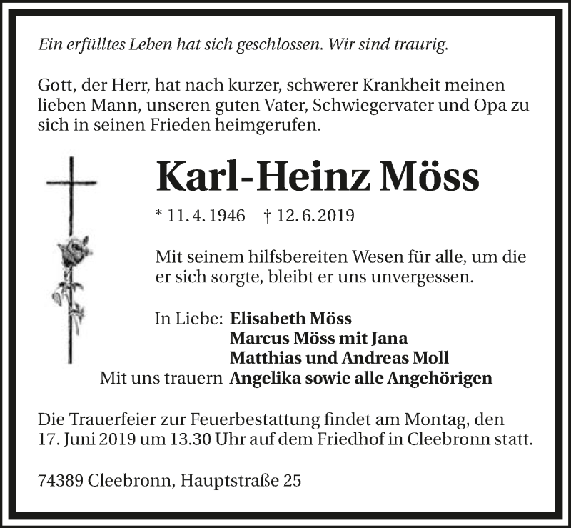  Traueranzeige für Karl-Heinz Möss vom 14.06.2019 aus 