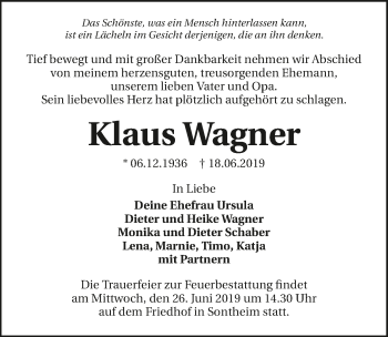 Traueranzeige von Klaus Wagner 