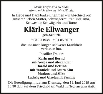 Traueranzeige von Klärle Ellwanger 