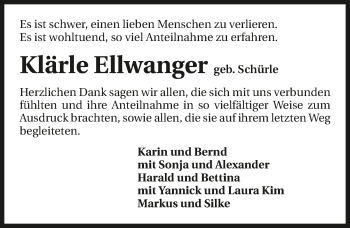 Traueranzeige von Klärle Ellwanger 