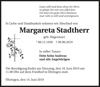 Traueranzeige von Margareta Stadtherr 