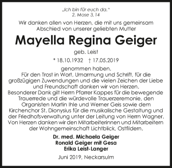 Traueranzeige von Mayella Geiger 