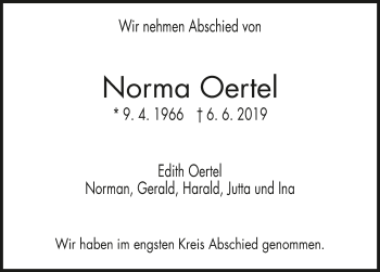 Traueranzeige von Norma Oertel 