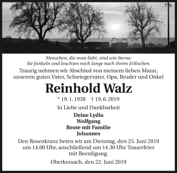 Traueranzeige von Reinhold Walz 