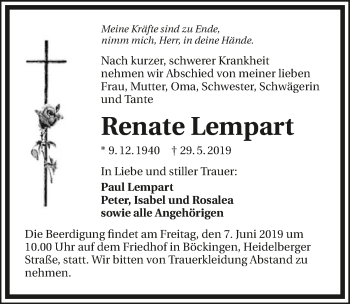 Traueranzeige von Renate Lempart 