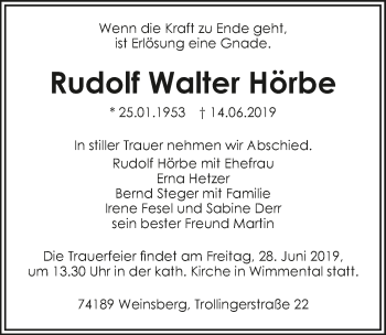 Traueranzeige von Rudolf Walter Hörbe 