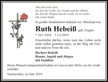 Traueranzeige von Ruth Hebeiß 