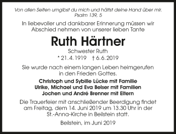 Traueranzeige von Ruth Härtner 