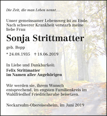 Traueranzeige von Sonja Strittmatter 